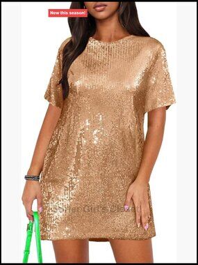 Sequin Shift Dress Short Sleeve Crew Neck Party Club Glitter Mini